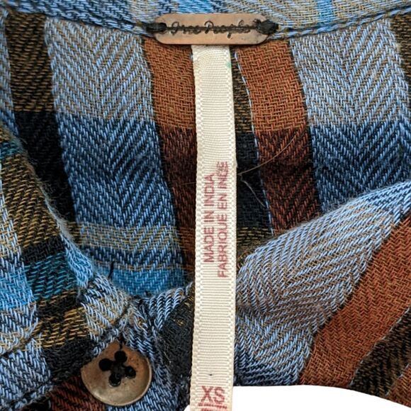 Free People Women's Western Plaid Ruffle Cotton Casual Button Down Shirt Sz XS - Picture 5 of 6